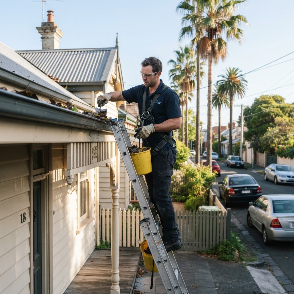 Technician clearing gutters on an inner-west weatherboard home